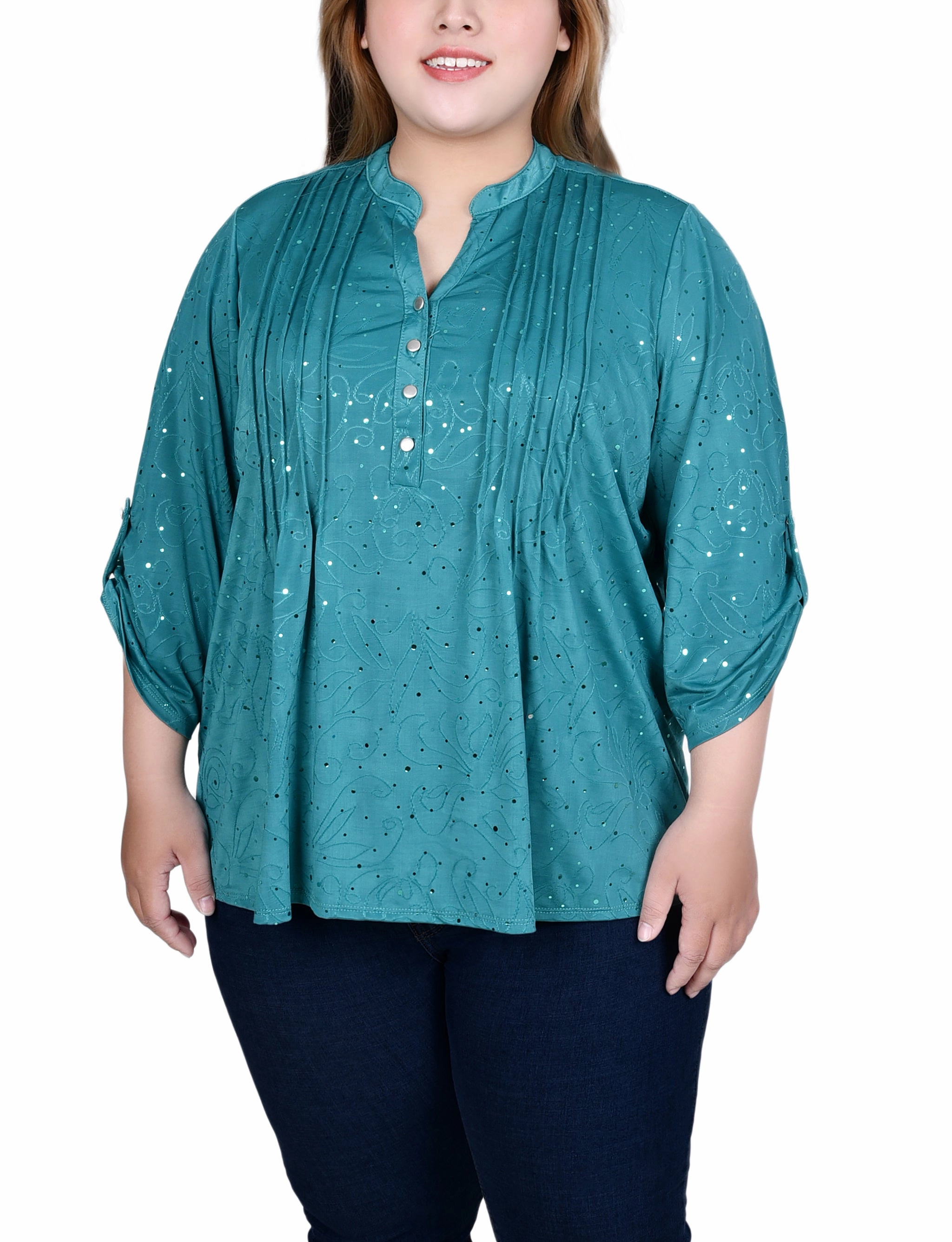 Plus Size 3/4 Sleeve Roll Tab Y Neck Top Elasticated Hem BlendMaterials