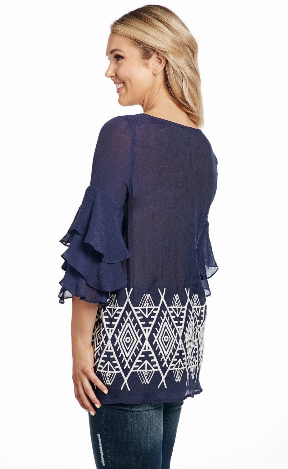 Cowgirl Up Womens Navy Rayon 3-Tier Ruffle Tunic S/S Wrinkle-Free