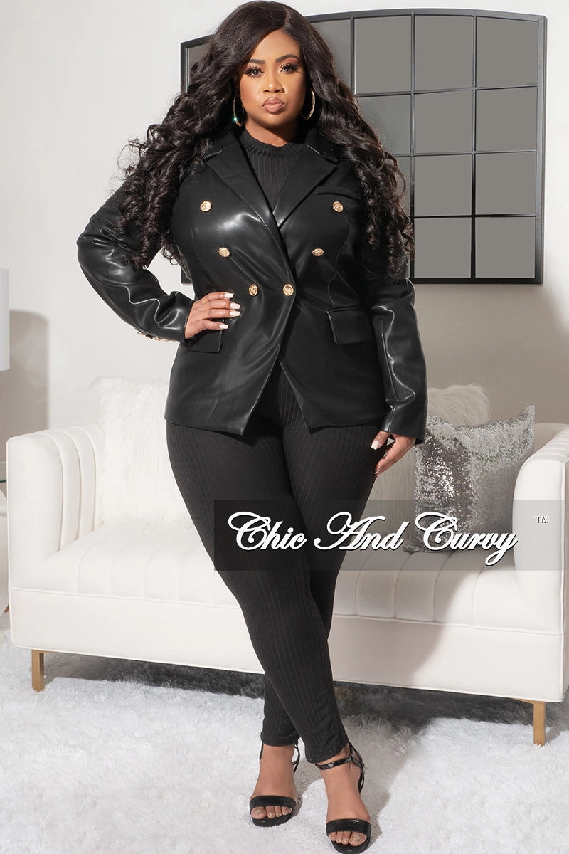 Final Sale Plus Size Faux Leather Blazer Jacket in Black with Gold Accents Modern Utility