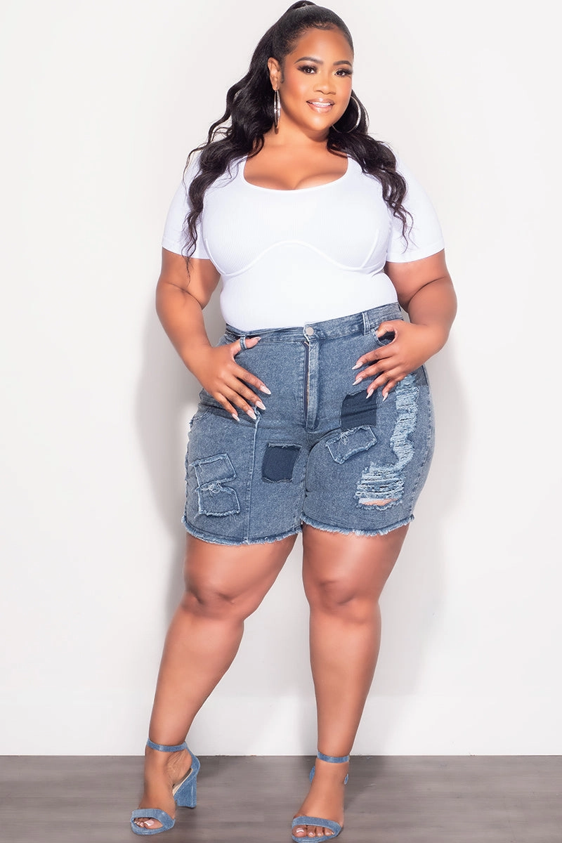 Luxe Look Final Sale Plus Size Patchwork Shorts in Denim