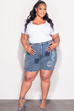 Luxe Look Final Sale Plus Size Patchwork Shorts in Denim