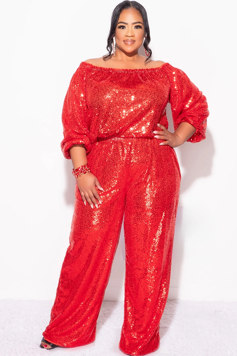 Relaxed Wear Final Sale Plus Size 2pc Sequin Top and Pants Set in Red