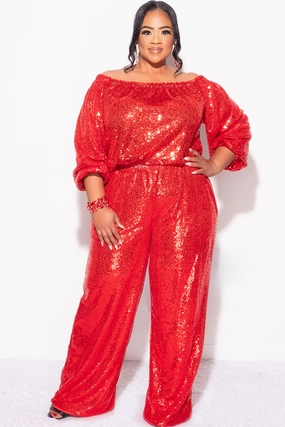 Relaxed Wear Final Sale Plus Size 2pc Sequin Top and Pants Set in Red