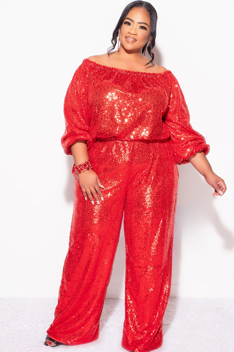 Final Sale Plus Size 2pc Sequin Top and Pants Set in Red Trail Comfort Comfort Style