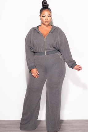 Final Sale Plus Size Plush Ribbed 2pc Hooded Zip-Up Jacket and Pants Set in Black All Purpose Wear