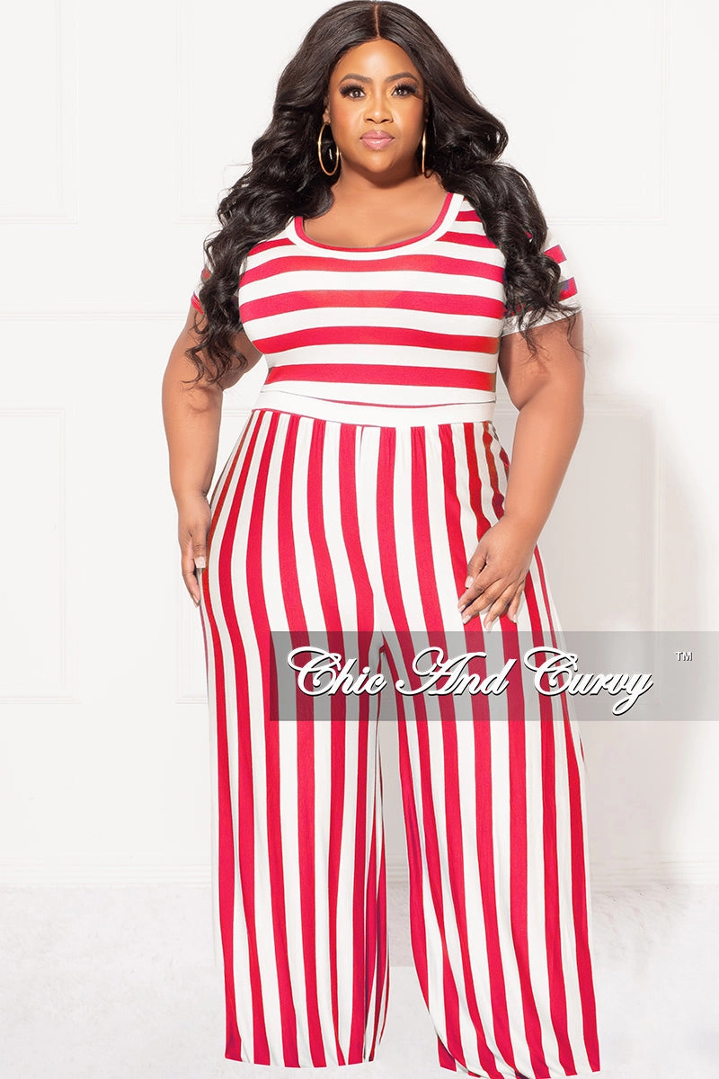 Final Sale Plus Size Short Sleeve Jumpsuit in Coral and White Stripes All Time Use Modern Comfort