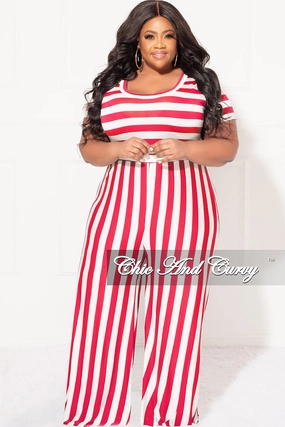 Final Sale Plus Size Short Sleeve Jumpsuit in Coral and White Stripes Ultra Soft