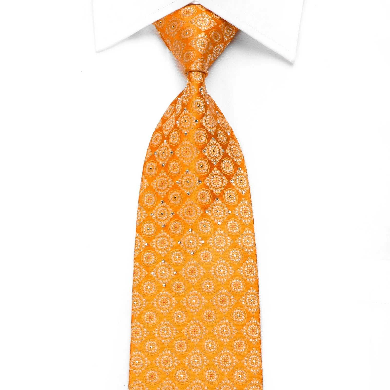 Taiyo Gold Men's Crystal Silk Necktie Medallions On Orange With Silver Sparkles