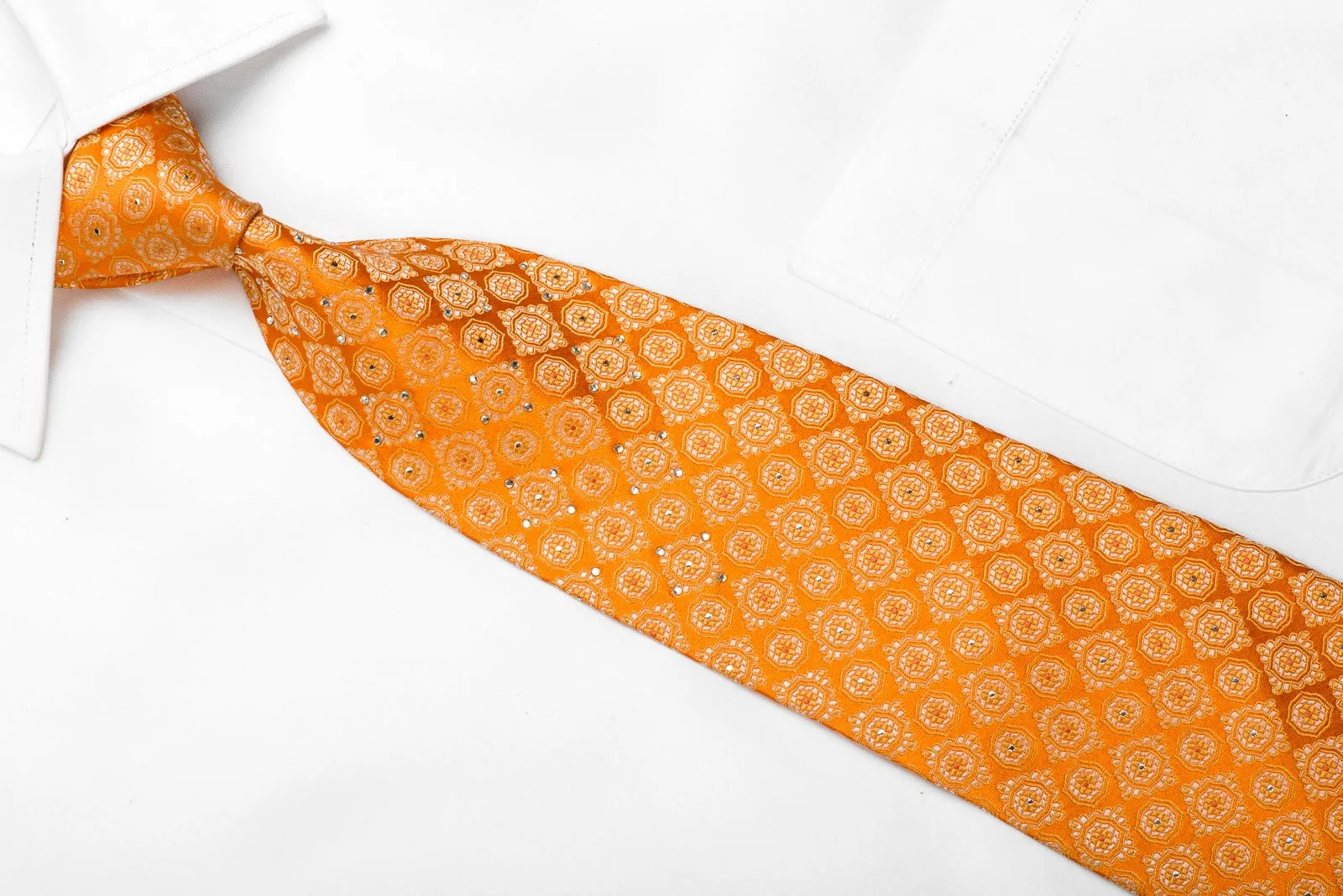Taiyo Gold Men's Crystal Silk Necktie Medallions On Orange With Silver Sparkles