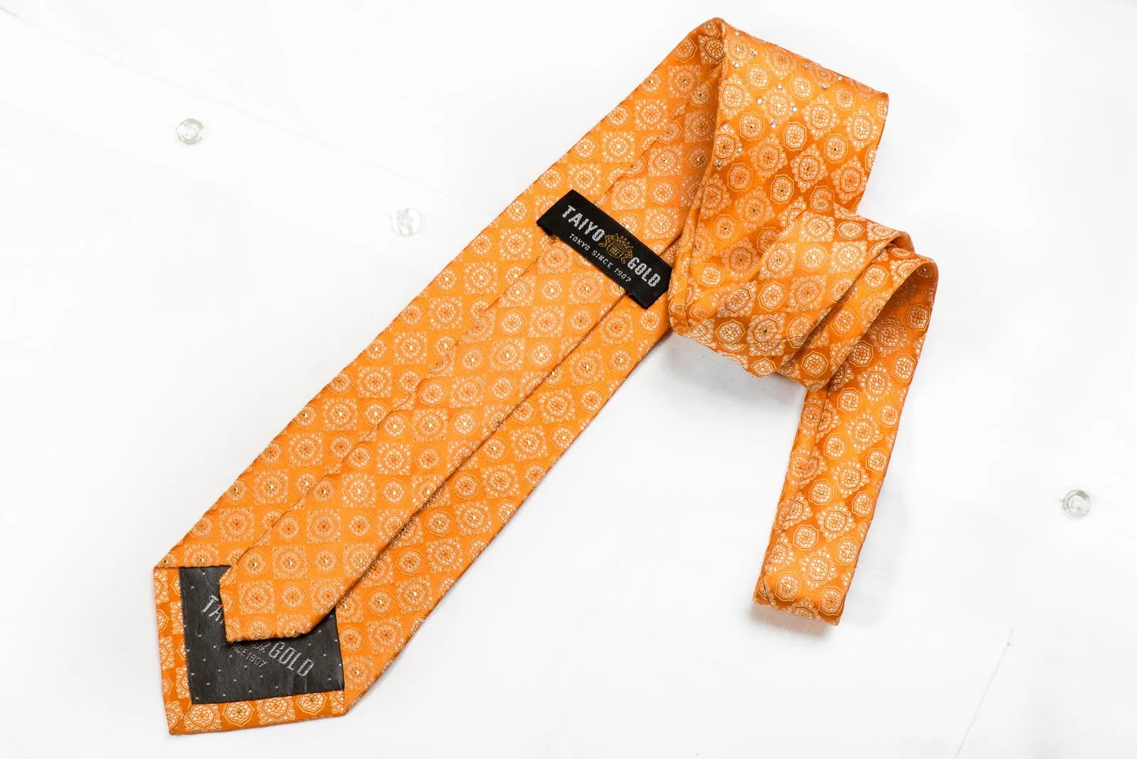 Taiyo Gold Men's Crystal Silk Necktie Medallions On Orange With Silver Sparkles