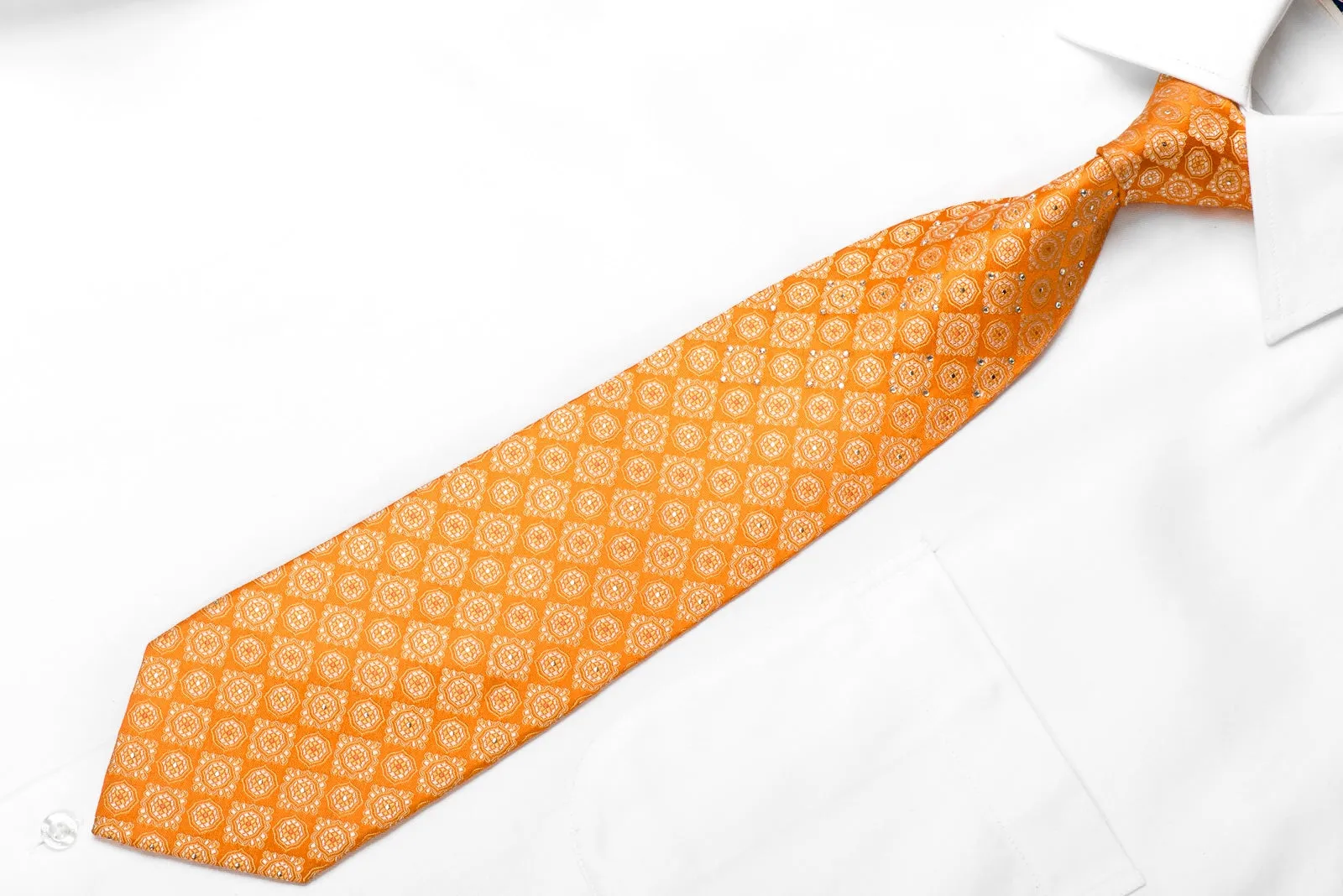 Taiyo Gold Men's Crystal Silk Necktie Medallions On Orange With Silver Sparkles