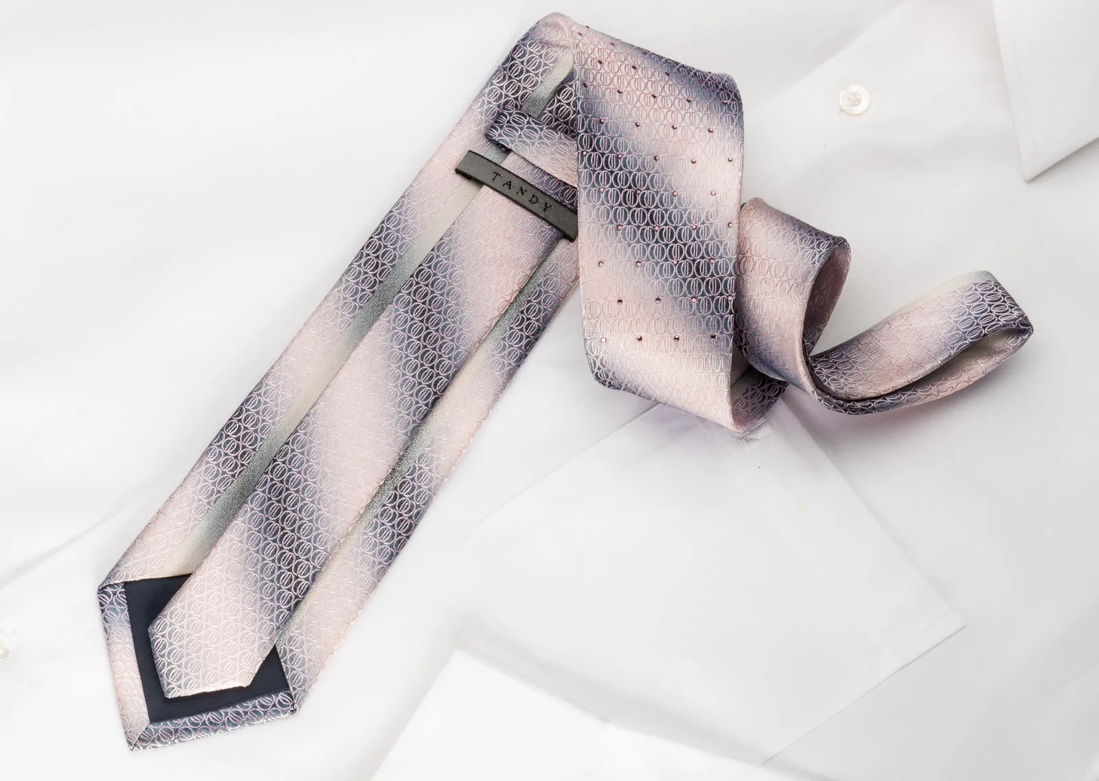 Taiyo Men's Silk Necktie Geometric Circles On Silver Pink With Rhinestones