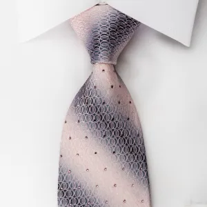 Taiyo Men's Silk Necktie Geometric Circles On Silver Pink With Rhinestones