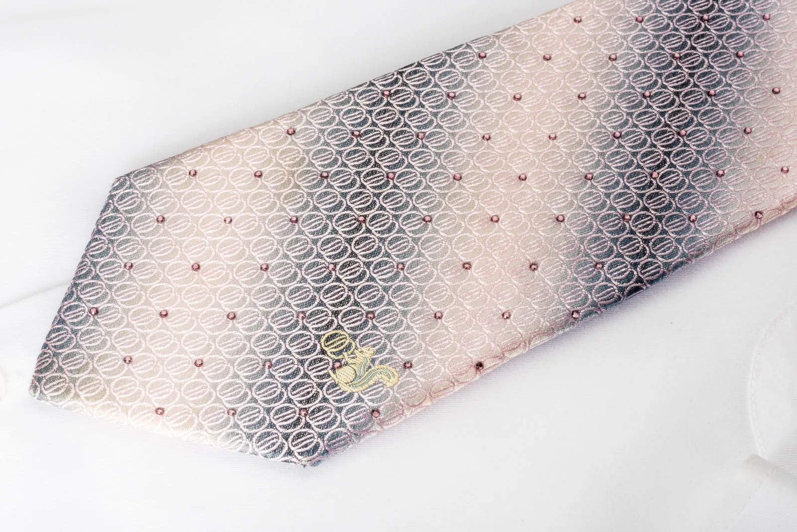 Taiyo Men's Silk Necktie Geometric Circles On Silver Pink With Rhinestones