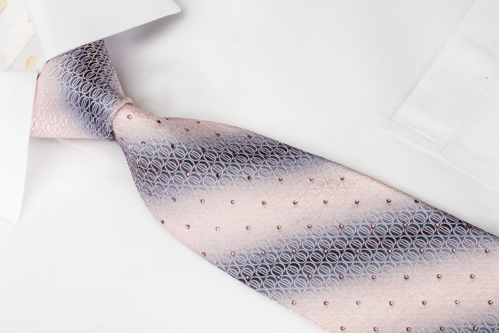 Taiyo Men's Silk Necktie Geometric Circles On Silver Pink With Rhinestones