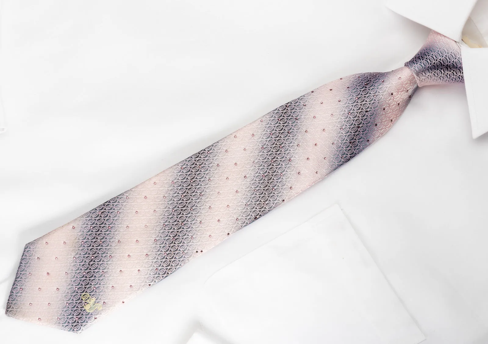 Taiyo Men's Silk Necktie Geometric Circles On Silver Pink With Rhinestones