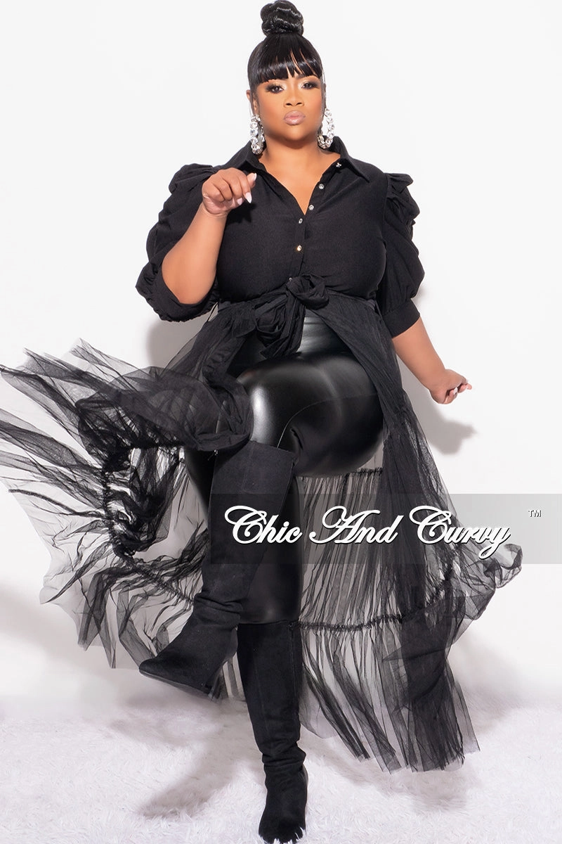 Practical Wear Final Sale Plus Size Puffy Sleeve Button Up Top with Mesh Train in Black