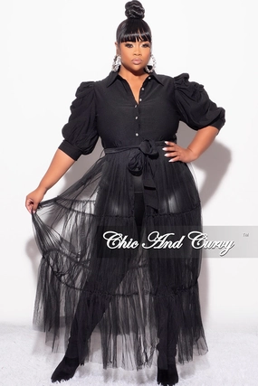 Layer-Friendly Perfect Comfort Final Sale Plus Size Puffy Sleeve Button Up Top with Mesh Train in Black