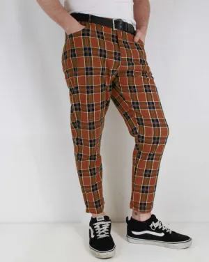 Tartan Check Trousers Beige Chestnut Brown