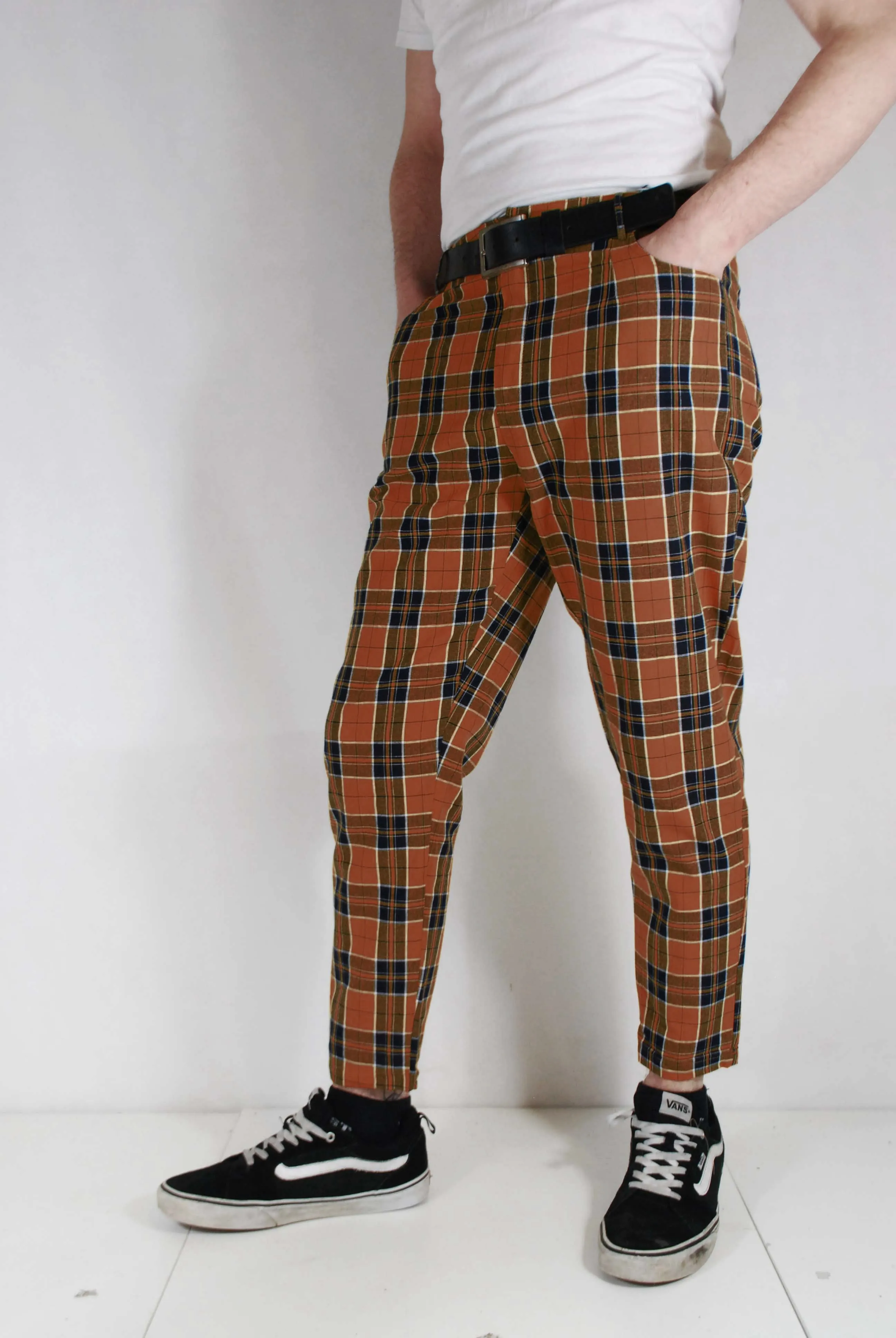 Tartan Check Trousers Beige Chestnut Brown