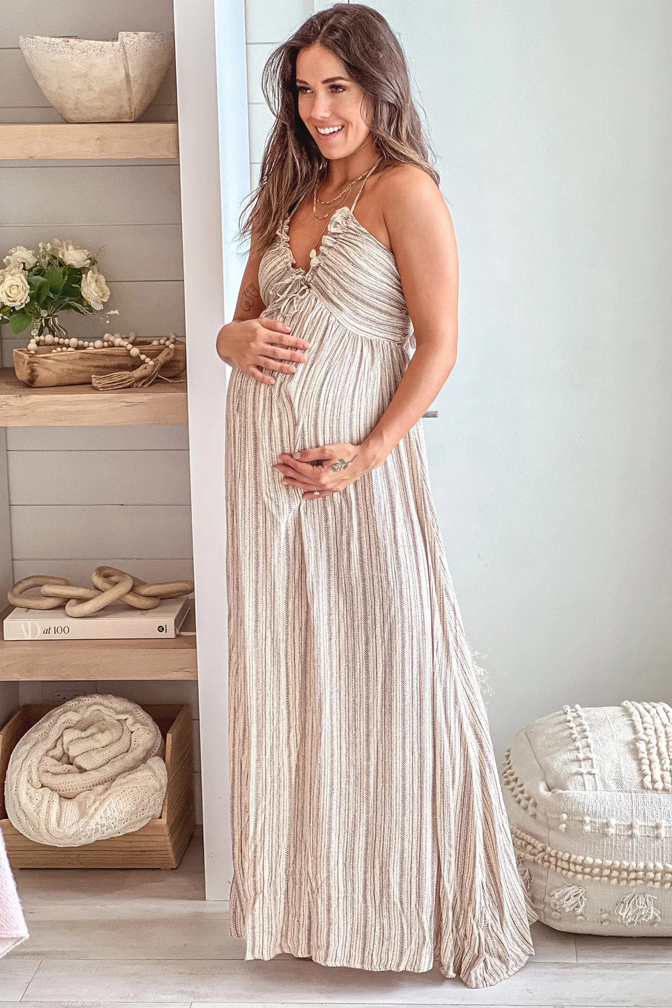 Taupe Printed Maternity Maxi Dress With Open Back