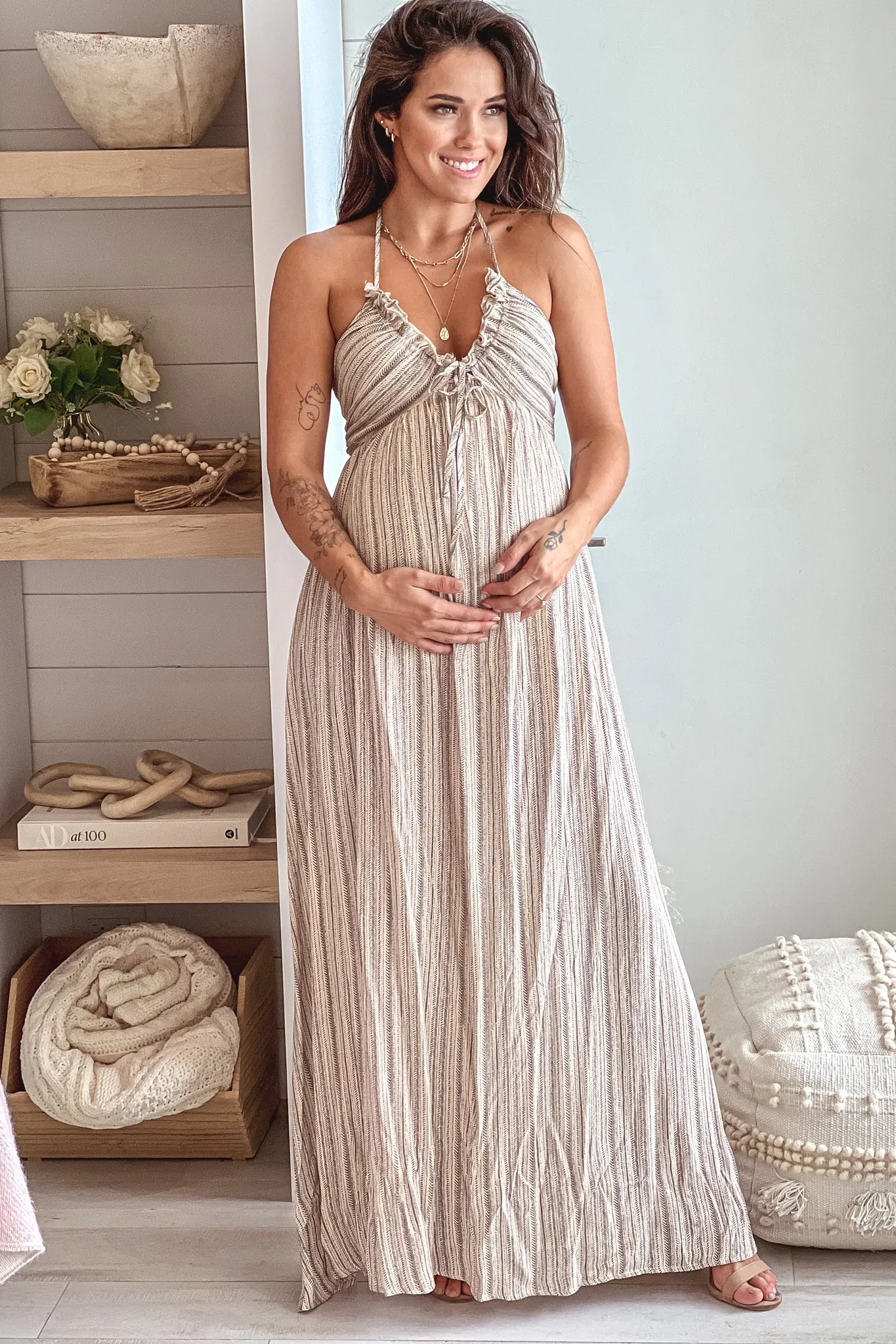 Taupe Printed Maternity Maxi Dress With Open Back