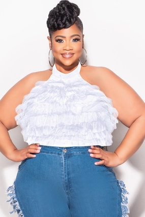 Perfect Layer Minimalist Fit Final Sale Plus Size Sleeveless Cropped Halter Tulle & Mesh Top in White