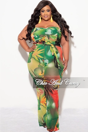 Comfort Wear Cozy Design Final Sale Plus Size Sheer Ruched Jumpsuit in Green Tropical Print