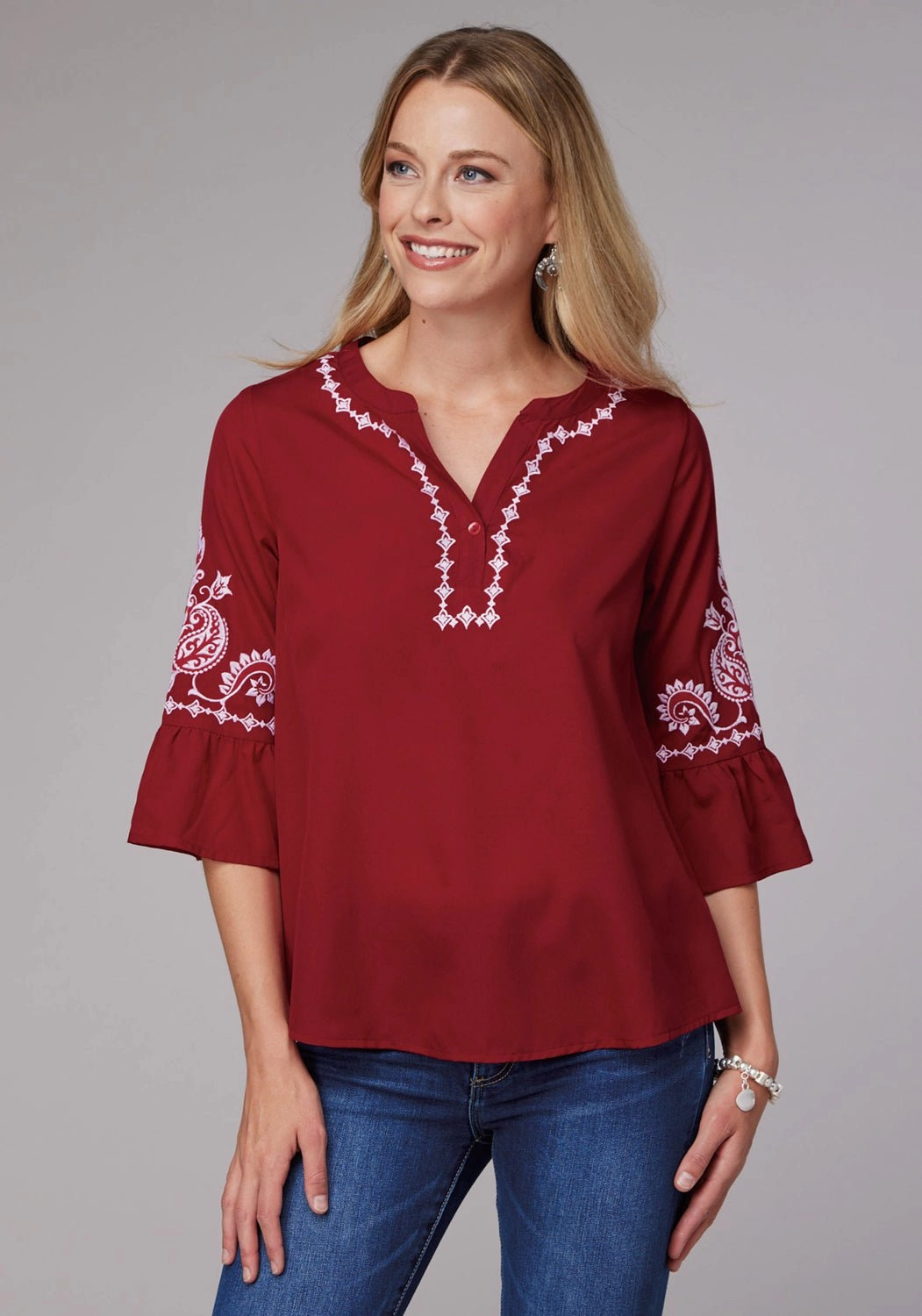 Roper Womens Bell Sleeve Pullover Red 100% Polyester S/S Blouse Outdoor Adventure