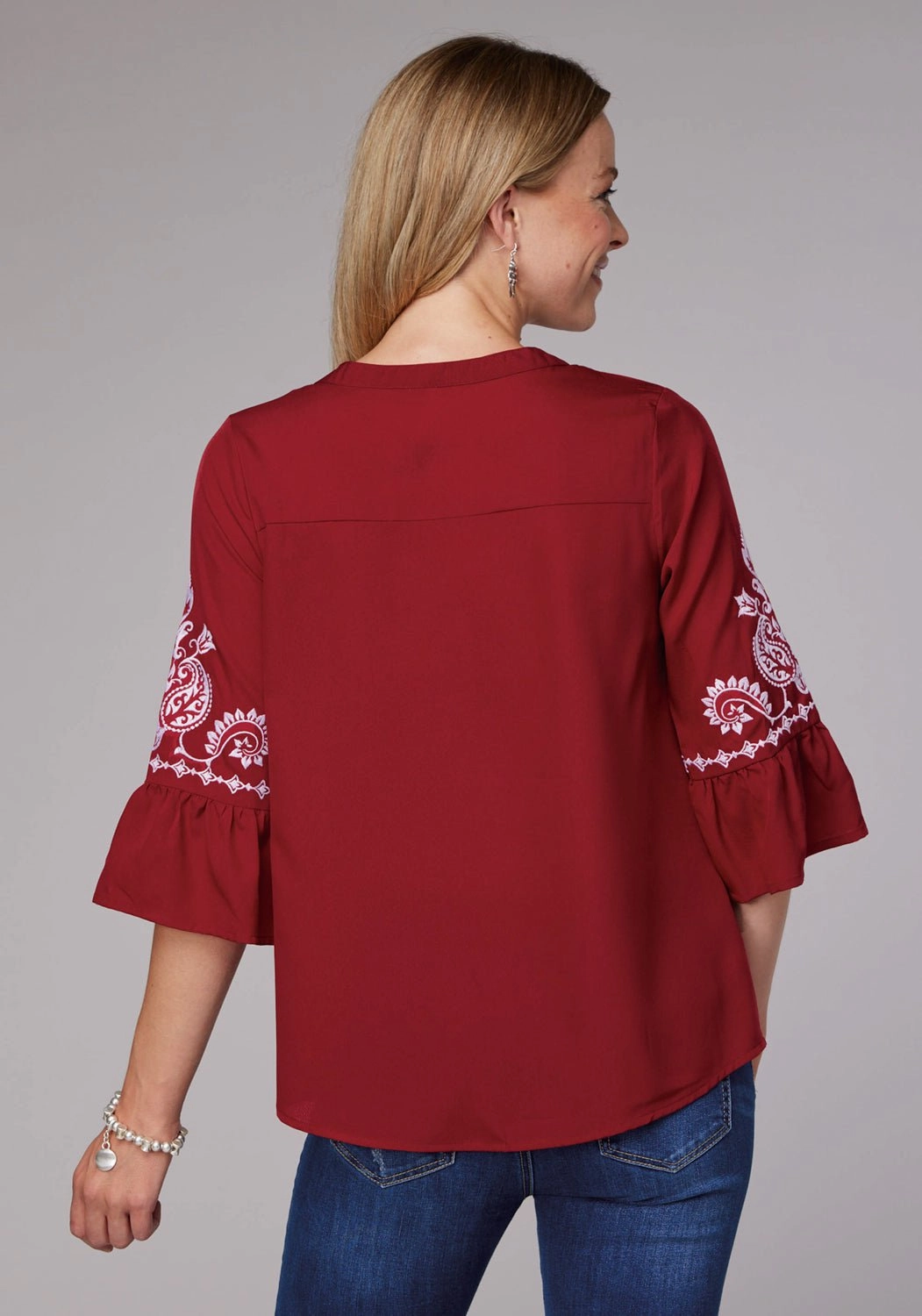Roper Womens Bell Sleeve Pullover Red 100% Polyester S/S Blouse Comfortable Wear Fall Fashion