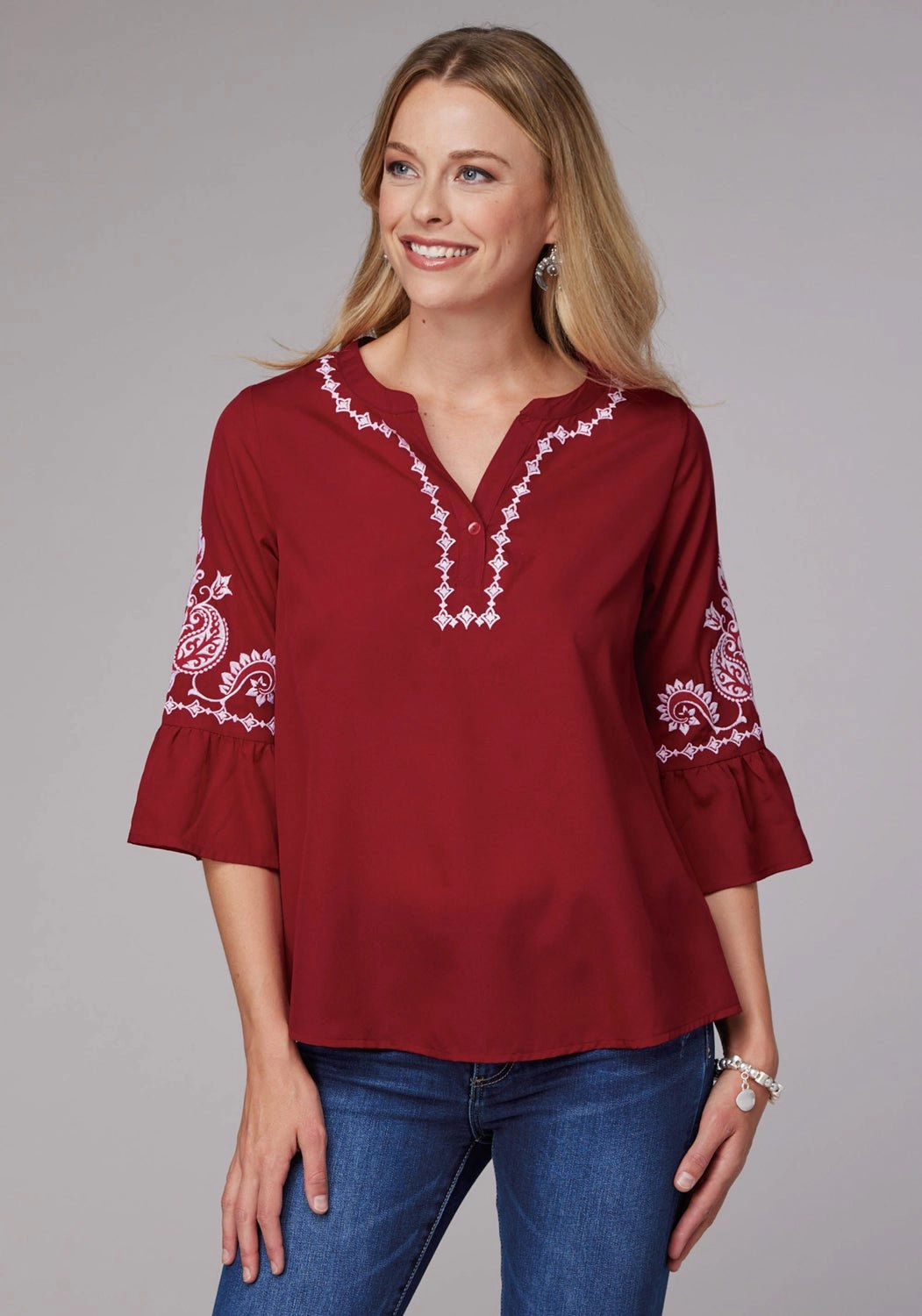 Roper Womens Bell Sleeve Pullover Red 100% Polyester S/S Blouse EasyCare Fabric Premium Option