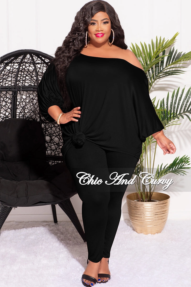 Body Fit Hidden Zip Pockets Final Sale Plus Size 2pc Set Off The Shoulder Top & Leggings in Black