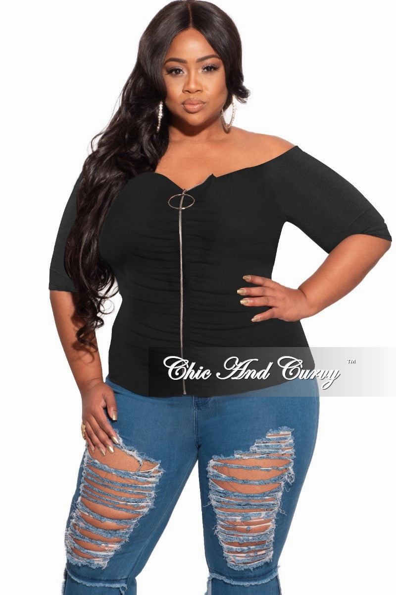 Final Sale Plus Size Off the Shoulder Zip Top in Black High Mobility LightweightInsulation