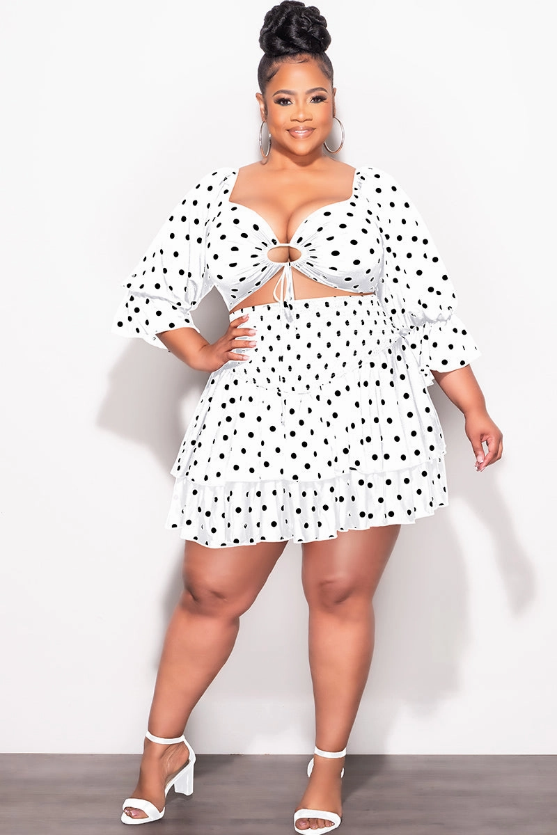 Final Sale Plus Size 2pc Set Off the Shoulder Crop Tie Top and Ruffle Layered Hem Mini Skirt in White with Black Polka Dot Comfortable Look Thermal Lining