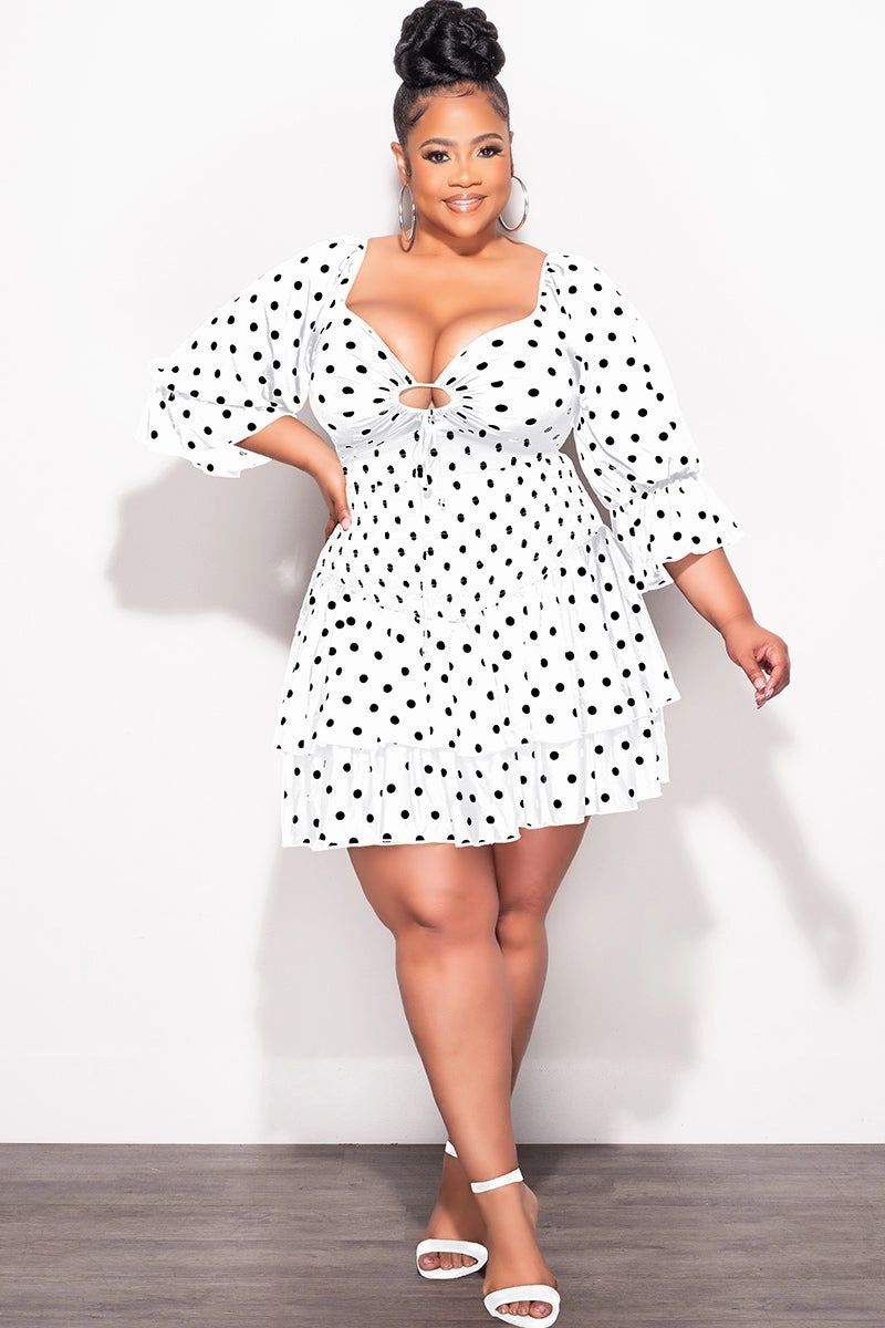 Utility Fit Compression Support Lining Final Sale Plus Size 2pc Set Off the Shoulder Crop Tie Top and Ruffle Layered Hem Mini Skirt in White with Black Polka Dot