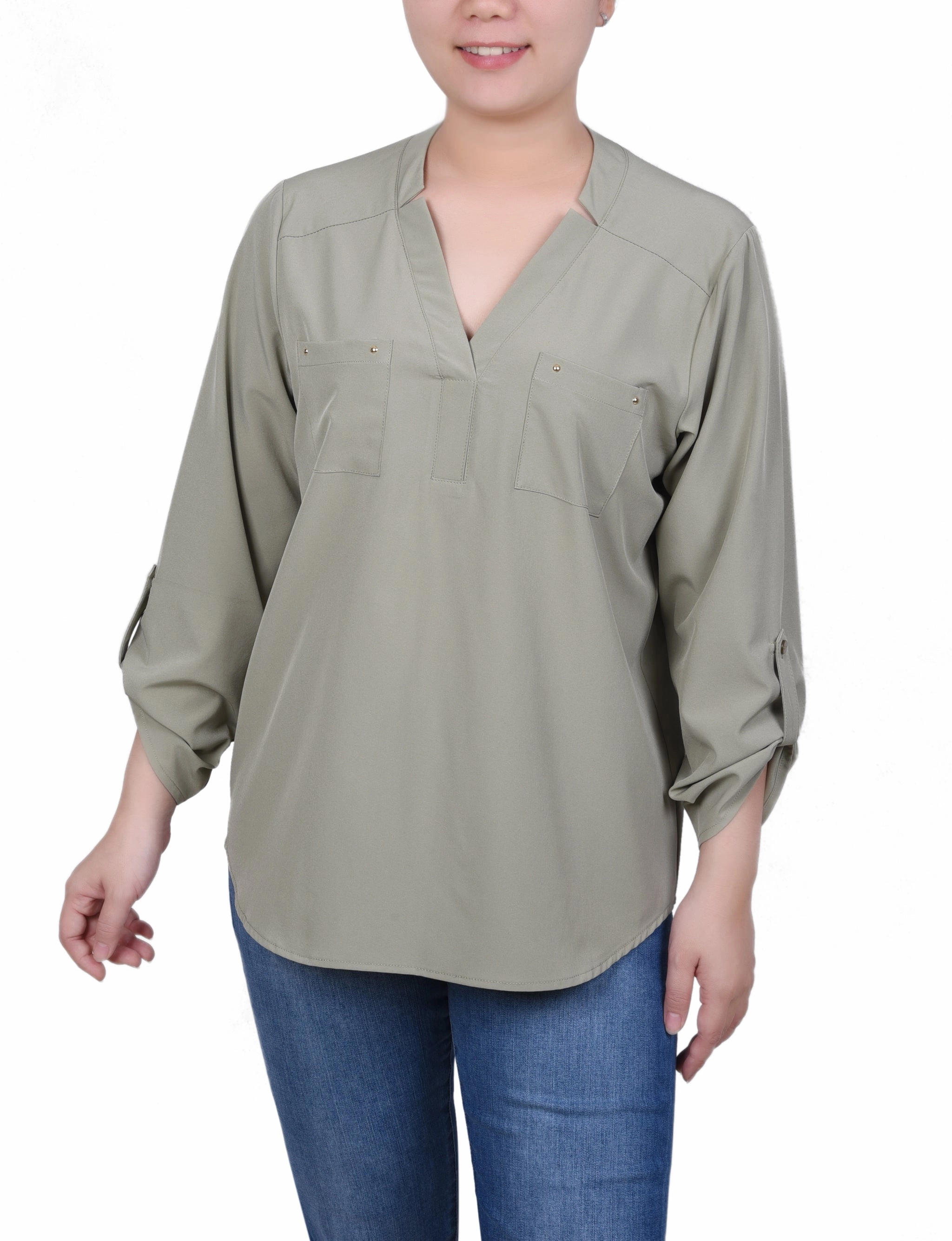 Petite Roll Tab Sleeve Blouse with Pockets Double Needle Stitching