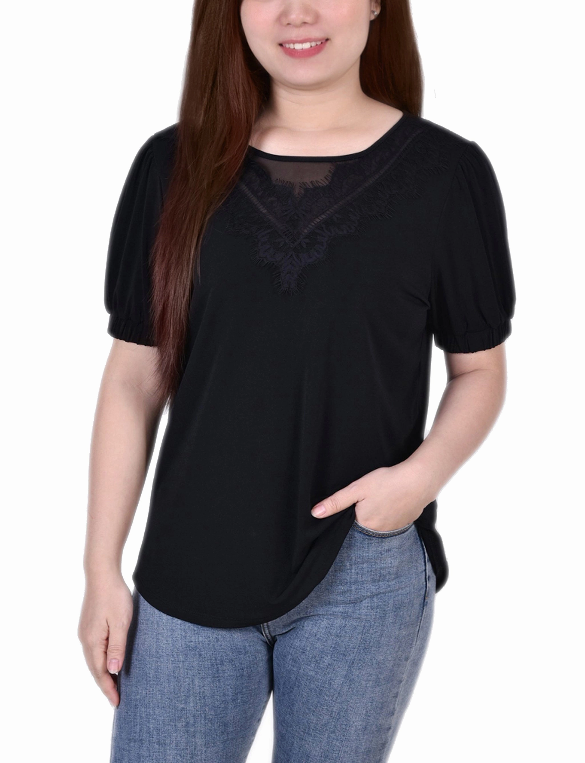 Short Puff Sleeve Top With Lace Cool and Breezy