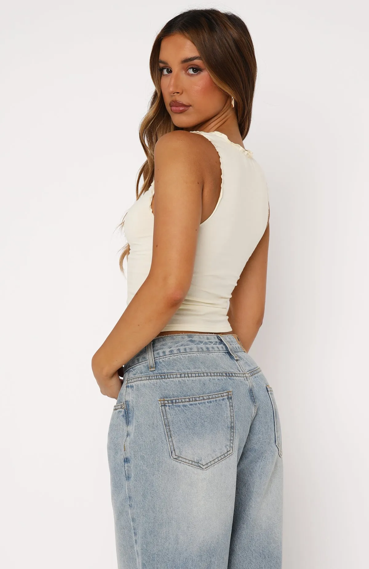 Contrast Stitch Detail DoubleLayered Neckline Public Desire Top Butter