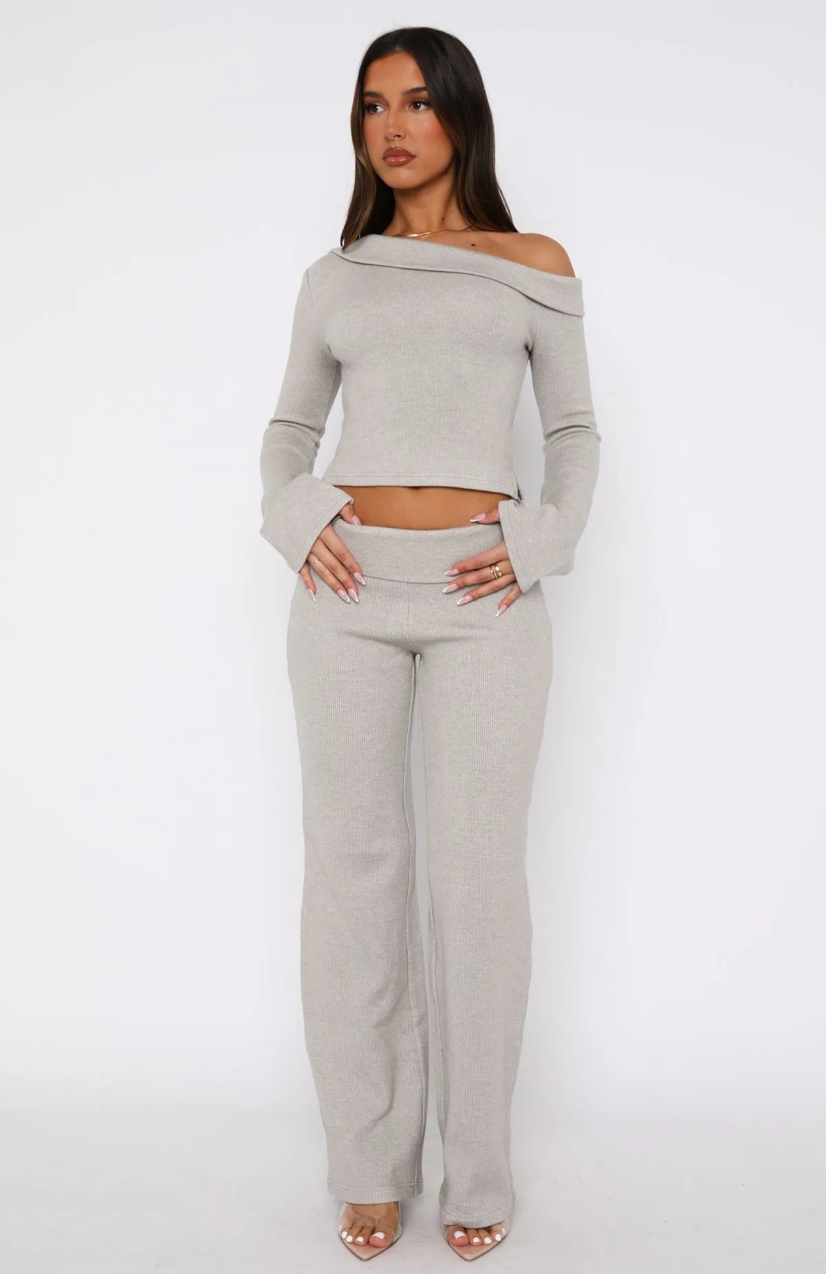 So Little Time Long Sleeve Top Grey Marle AdjustableDrawstring RibbedTexture