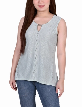 Slim Fit Shirt Adjustable Shoulder Straps Sleeveless Knit Eyelet Top With Hardware