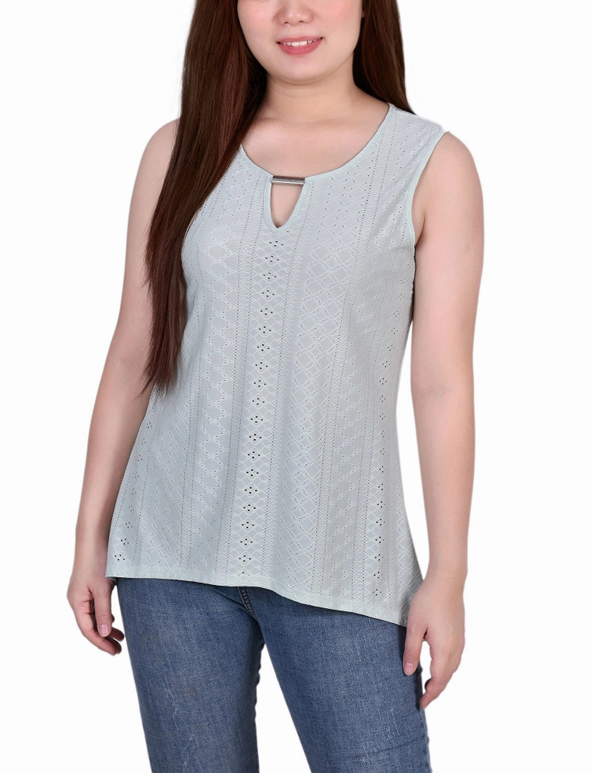 Stretch Knit Material Sleeveless Knit Eyelet Top With Hardware