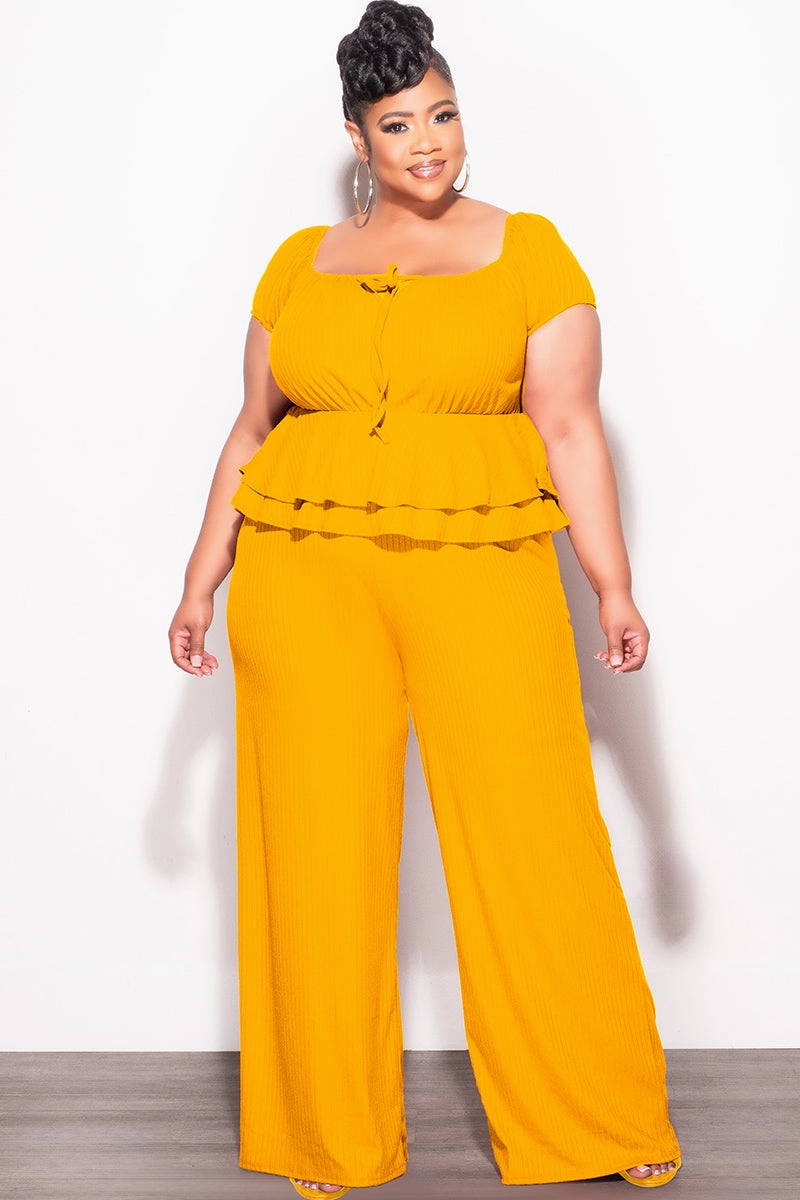 Final Sale Plus Size 2pc Ribbed Peplum Top and Pants Set in Mustard Fashion Forward Hip Friendly Pockets