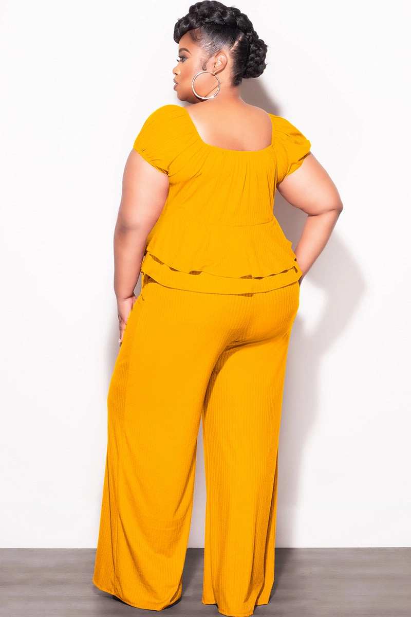 Flattering Comfort Wear Final Sale Plus Size 2pc Ribbed Peplum Top and Pants Set in Mustard