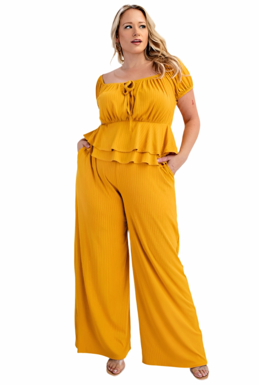 Final Sale Plus Size 2pc Ribbed Peplum Top and Pants Set in Mustard Breathable Lining