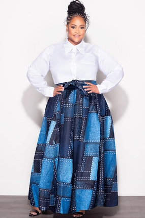 Final Sale Plus Size High Waist Maxi Skirt with Tie in Navy and Royal Blue Organic Cotton Blend