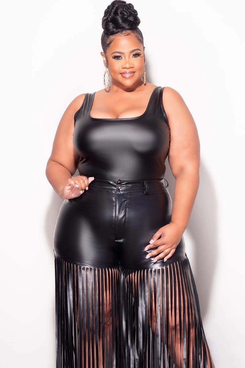 Final Sale Plus Size Sleeveless Faux Leather Bodysuit in Black Modular Pocket System Comfortable Layers