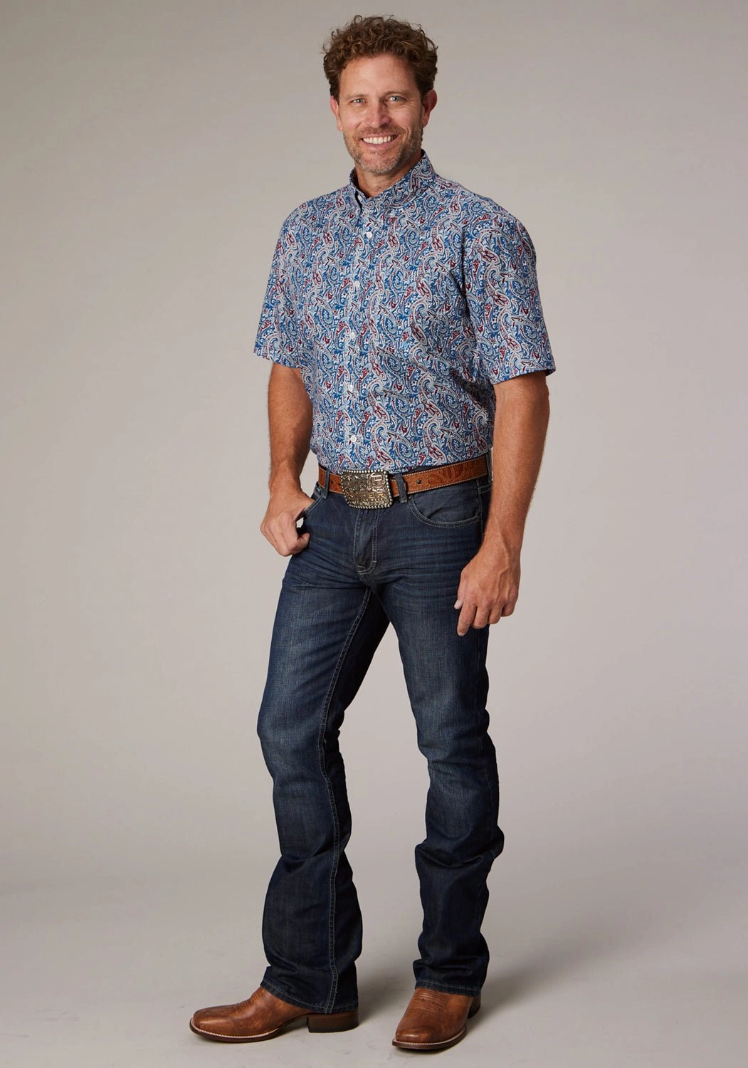 Roper Mens 2024 River Paisley Blue 100% Cotton 1 Pkt S/S Shirt Thermal Regulation Fabric Designer Look