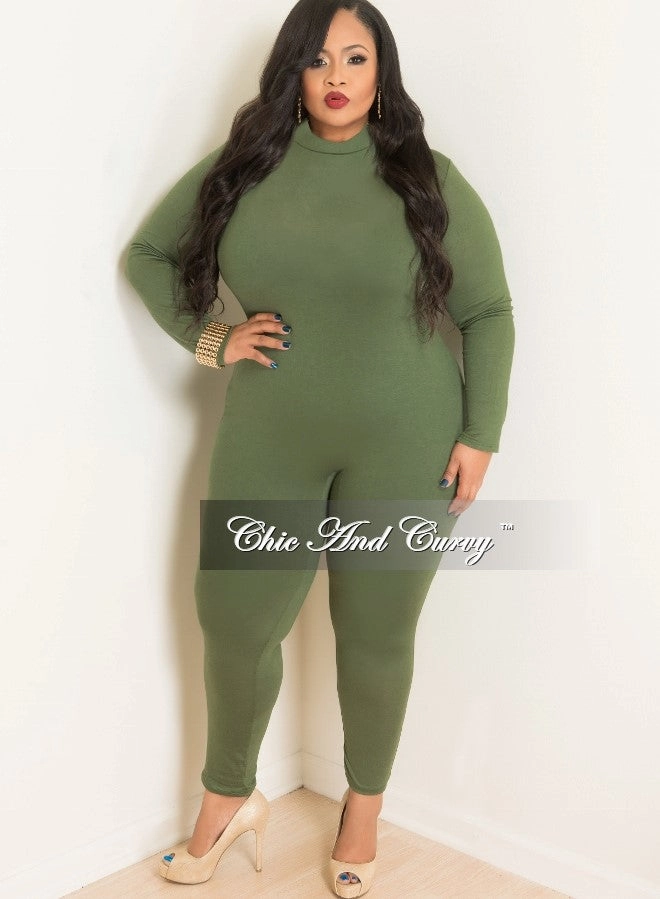 Sweat Resistant Multi Panel Construction Final Sale Plus Size Long Sleeve BodySuit/Jumpsuit in Olive Green