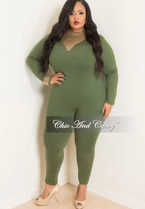 Final Sale Plus Size Long Sleeve BodySuit/Jumpsuit in Olive Green Quick Drying