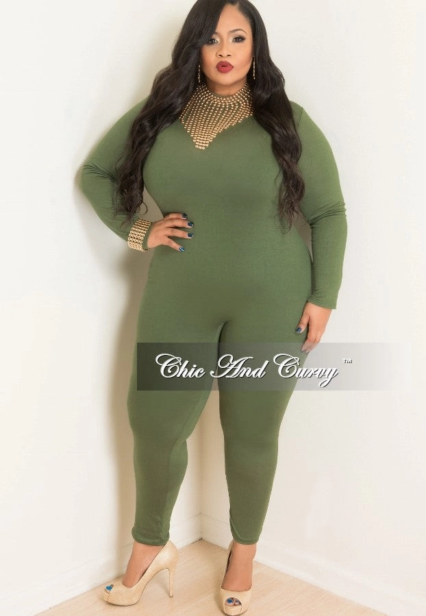 Final Sale Plus Size Long Sleeve BodySuit/Jumpsuit in Olive Green Quick Drying